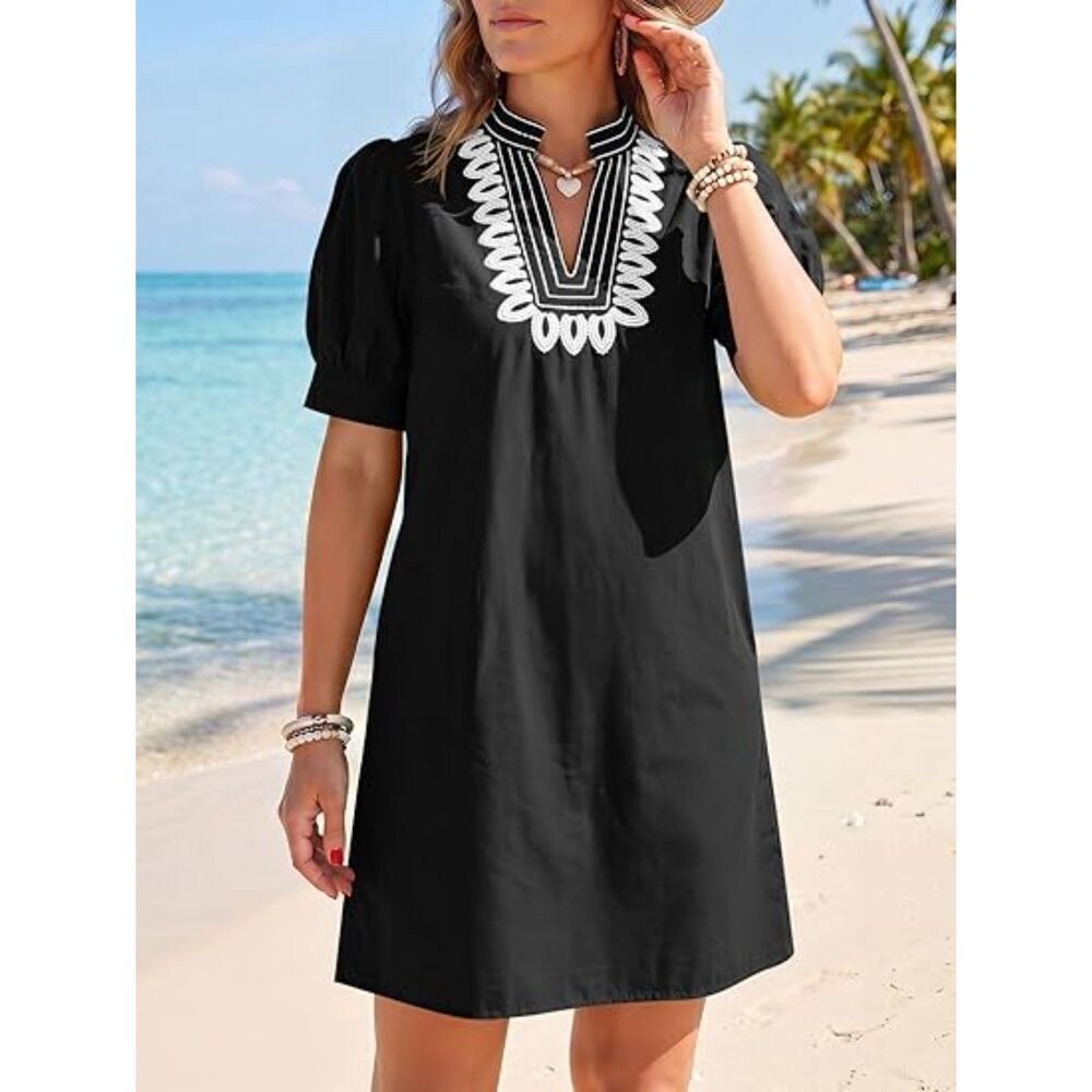 Women's Green V Neck A Line Short Sleeve A Line Embroidered Boho Short Dress - Picture 5 of 5